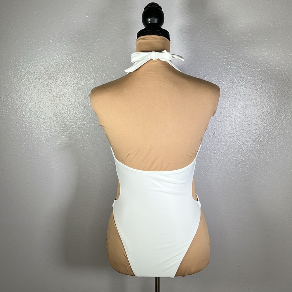 White plunge side cut out o- ring detail sexy glam Y2K one piece swimsuit sz S - Picture 3 of 7